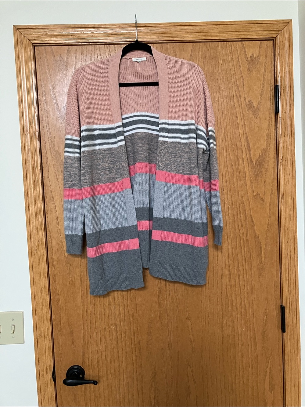 Maurices Pink and Gray Striped Open-Front Cardigan